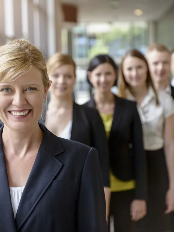 A professional photo of a smiling woman in a dark blazer in the foreground, with her diverse regional development team members standing in a line behind her in an office hallway.