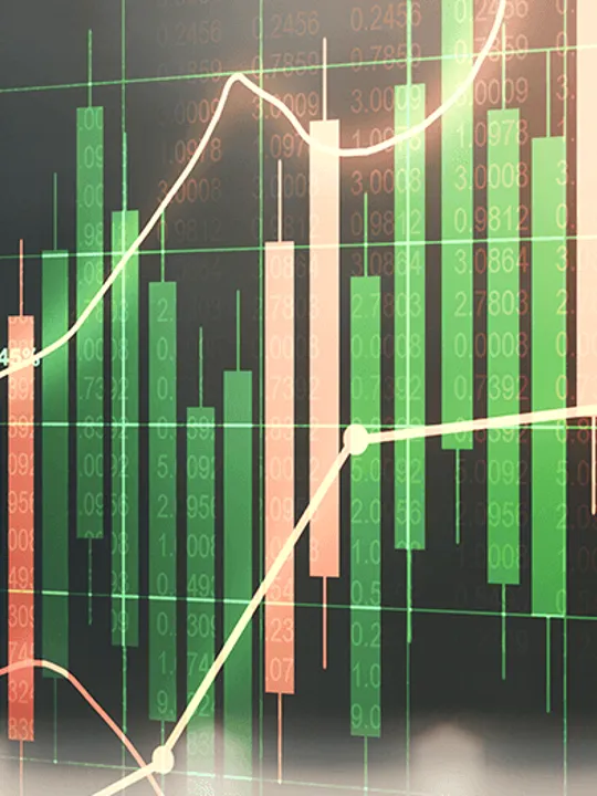 A dark background with a financial graph displaying stock market data. Green and red bar charts represent a fluctuating market, with white and red lines showing a trend line. The image is an abstract representation of economics and data.