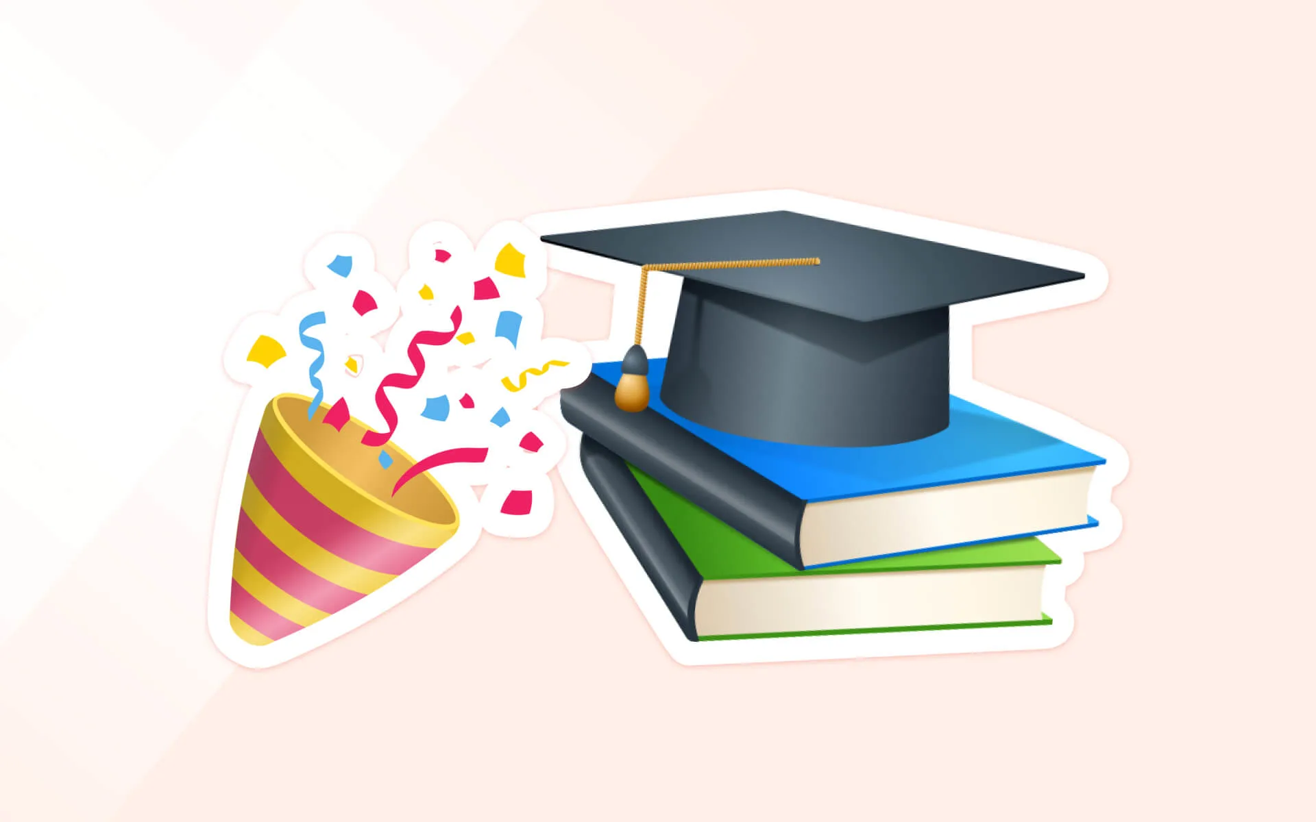 Illustration of celebration and academic achievement, featuring a black graduation cap (mortarboard) stacked on top of two textbooks, next to a party popper shooting colorful confetti.