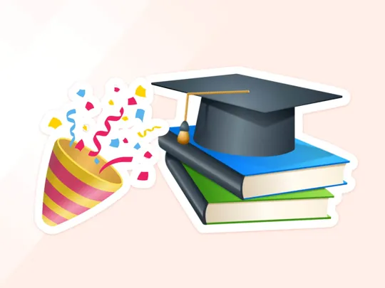 Illustration of celebration and academic achievement, featuring a black graduation cap (mortarboard) stacked on top of two textbooks, next to a party popper shooting colorful confetti.