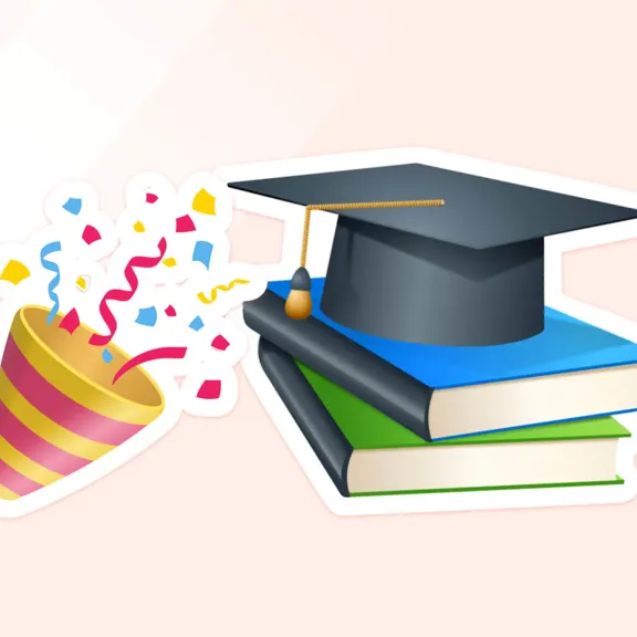 Illustration of celebration and academic achievement, featuring a black graduation cap (mortarboard) stacked on top of two textbooks, next to a party popper shooting colorful confetti.
