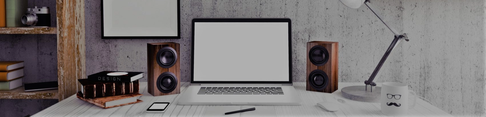 Modern computer with two speakers. 