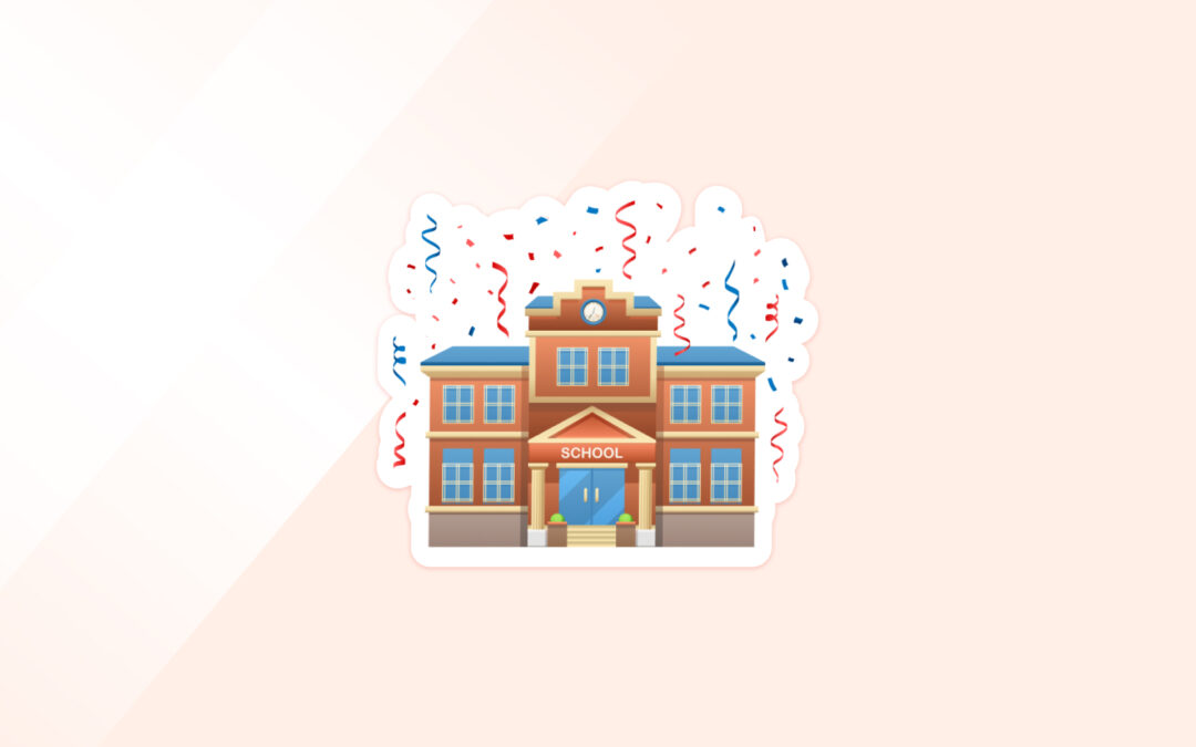 Cartoon sticker illustration of a celebratory school building with a clock tower and a banner that reads 