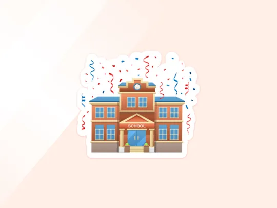 Cartoon sticker illustration of a celebratory school building with a clock tower and a banner that reads