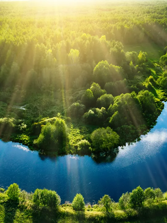 Photo of a winding river surrounded by green fields.