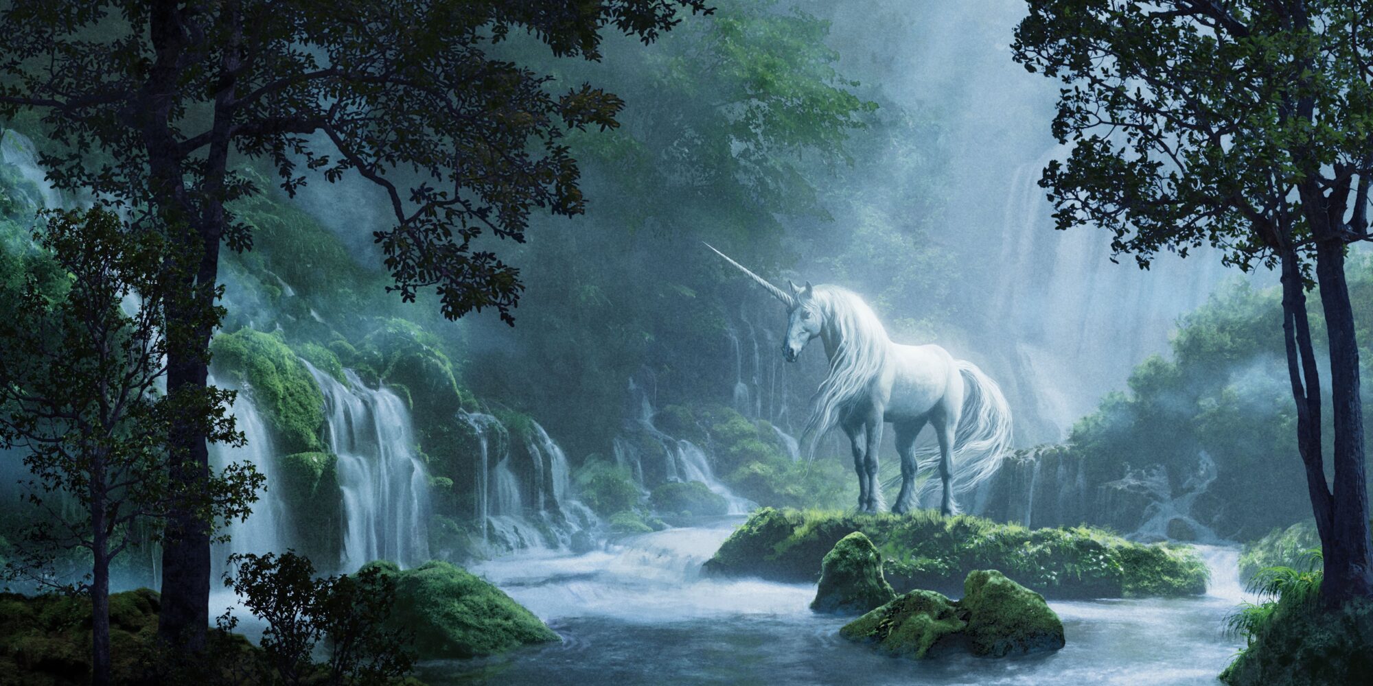 A unicorn in a forest stood by a river. 