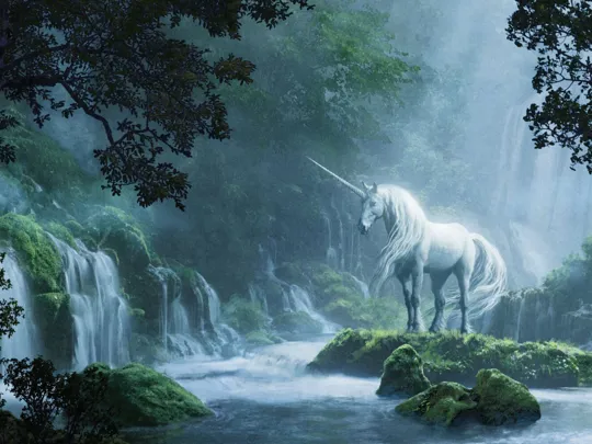 A unicorn in a forest stood by a river.