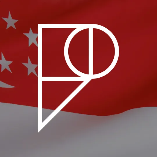 Flag of Singapore, with the Pamoja logo overlaid.