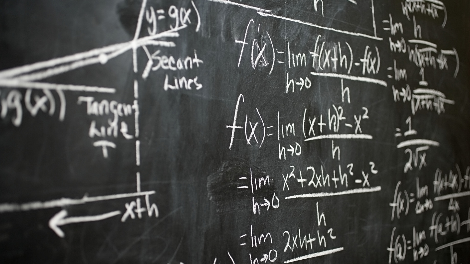 A black chalkboard covered in handwritten calculus equations, limits, and graphs illustrating tangent and secant lines.