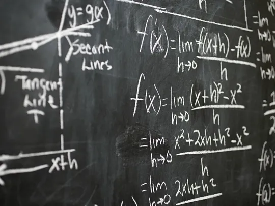 A black chalkboard covered in handwritten calculus equations, limits, and graphs illustrating tangent and secant lines.