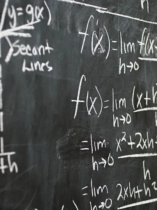 A black chalkboard covered in handwritten calculus equations, limits, and graphs illustrating tangent and secant lines.