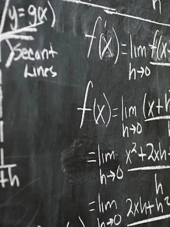 A black chalkboard covered in handwritten calculus equations, limits, and graphs illustrating tangent and secant lines.