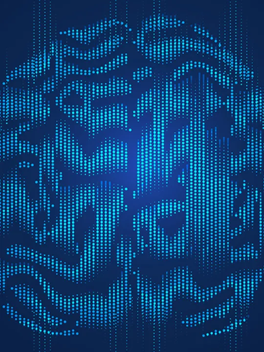 An abstract digital image of a human brain made of glowing blue dots, surrounded by a pattern of sound waves. The image represents the concepts of psychology, thought, and cognitive science.