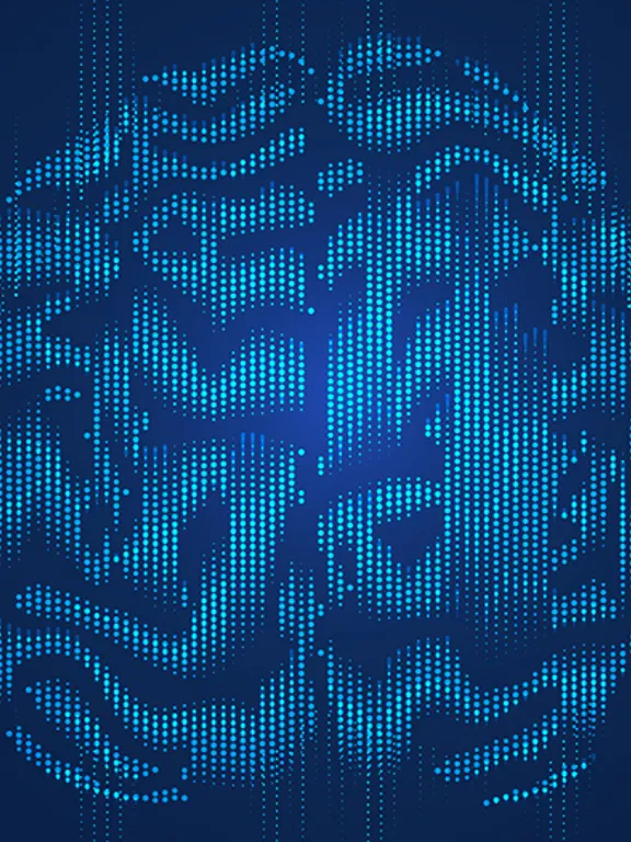 An abstract digital image of a human brain made of glowing blue dots, surrounded by a pattern of sound waves. The image represents the concepts of psychology, thought, and cognitive science.