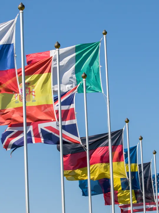 A photo of international flags flying on masts.