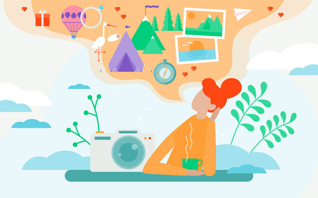 An illustration of a person with orange hair, holding a green mug, and thinking. A thought bubble above their head contains various images and icons, including a stork, a tent in the mountains, a hot air balloon, photos of a mountain and a beach sunset, a paper airplane, a gift box, and hearts. A camera is on a surface in front of them, surrounded by plants and clouds.