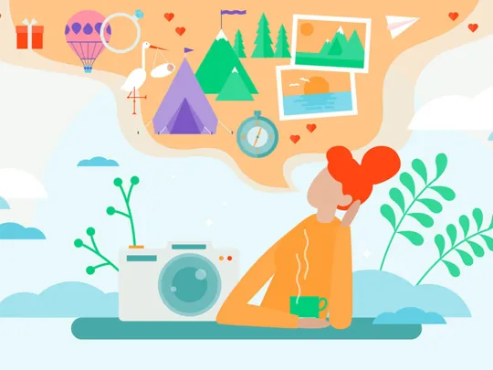 An illustration of a person with orange hair, holding a green mug, and thinking. A thought bubble above their head contains various images and icons, including a stork, a tent in the mountains, a hot air balloon, photos of a mountain and a beach sunset, a paper airplane, a gift box, and hearts. A camera is on a surface in front of them, surrounded by plants and clouds.