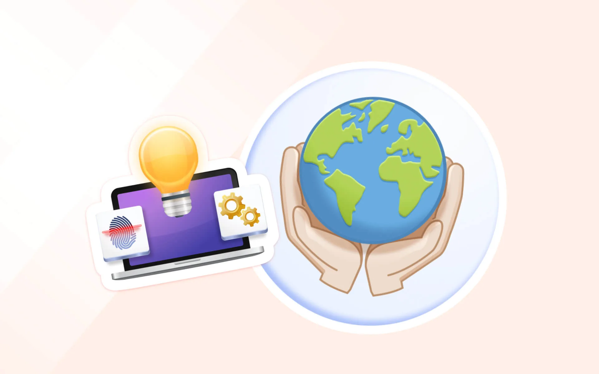 A cartoon image features a pair of hands holding a blue and green Earth icon next to a laptop displaying a glowing lightbulb, a fingerprint icon, and a gears icon, representing global digital society and technology.