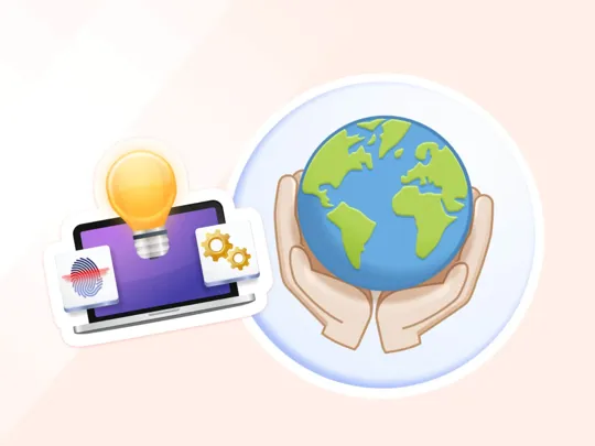 A cartoon image features a pair of hands holding a blue and green Earth icon next to a laptop displaying a glowing lightbulb, a fingerprint icon, and a gears icon, representing global digital society and technology.