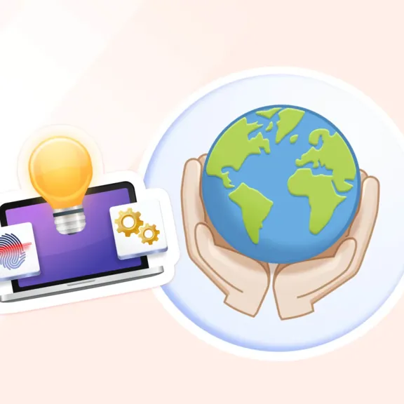 A cartoon image features a pair of hands holding a blue and green Earth icon next to a laptop displaying a glowing lightbulb, a fingerprint icon, and a gears icon, representing global digital society and technology.