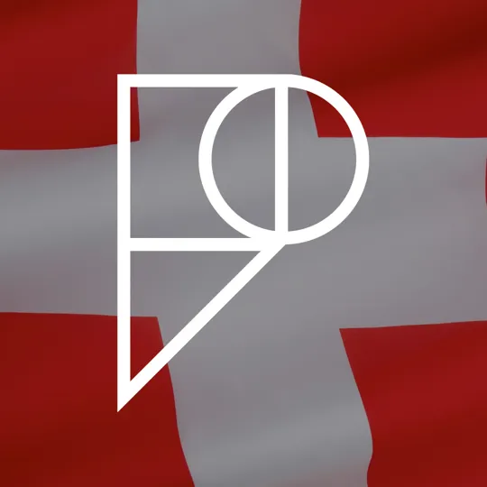Switzerland flag with Pamoja 'P' logo overlayed