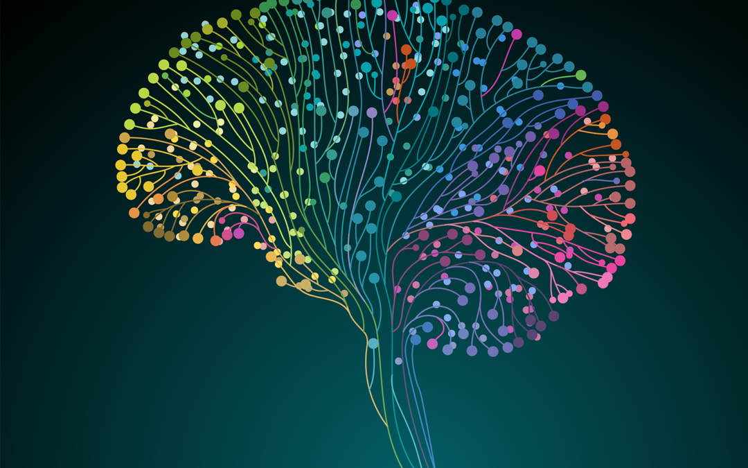 An abstract, digital illustration of a human brain in side profile against a dark background. The brain is composed of a network of interconnected lines and dots in various bright colors, including green, yellow, orange, blue, and red.