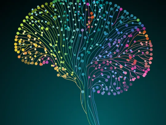 An abstract, digital illustration of a human brain in side profile against a dark background. The brain is composed of a network of interconnected lines and dots in various bright colors, including green, yellow, orange, blue, and red.