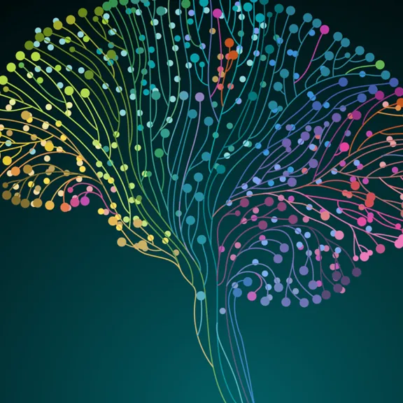 An abstract, digital illustration of a human brain in side profile against a dark background. The brain is composed of a network of interconnected lines and dots in various bright colors, including green, yellow, orange, blue, and red.