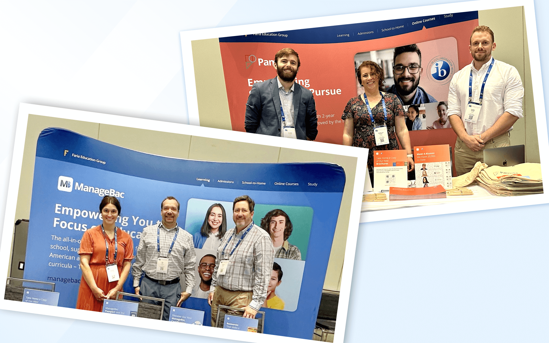 Two photographs of teams at an education conference. The foreground photo shows four ManageBac team members standing behind a blue booth displaying information about empowering schools and focused curricula. The background photo shows three individuals at the red Pamoja booth, which features the IB logo.