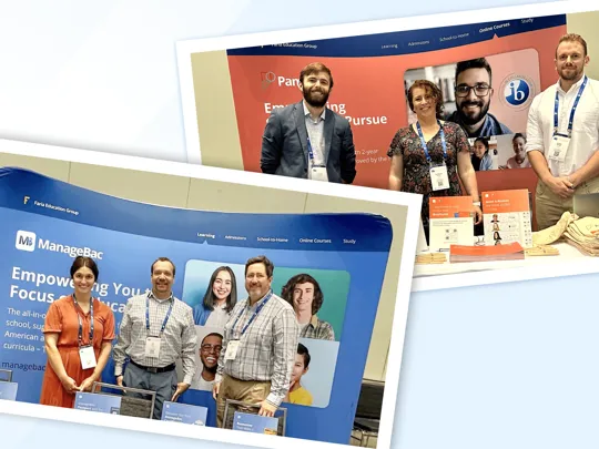 Two photographs of teams at an education conference. The foreground photo shows four ManageBac team members standing behind a blue booth displaying information about empowering schools and focused curricula. The background photo shows three individuals at the red Pamoja booth, which features the IB logo.