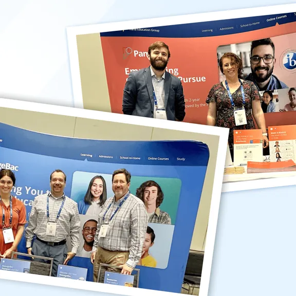 Two photographs of teams at an education conference. The foreground photo shows four ManageBac team members standing behind a blue booth displaying information about empowering schools and focused curricula. The background photo shows three individuals at the red Pamoja booth, which features the IB logo.