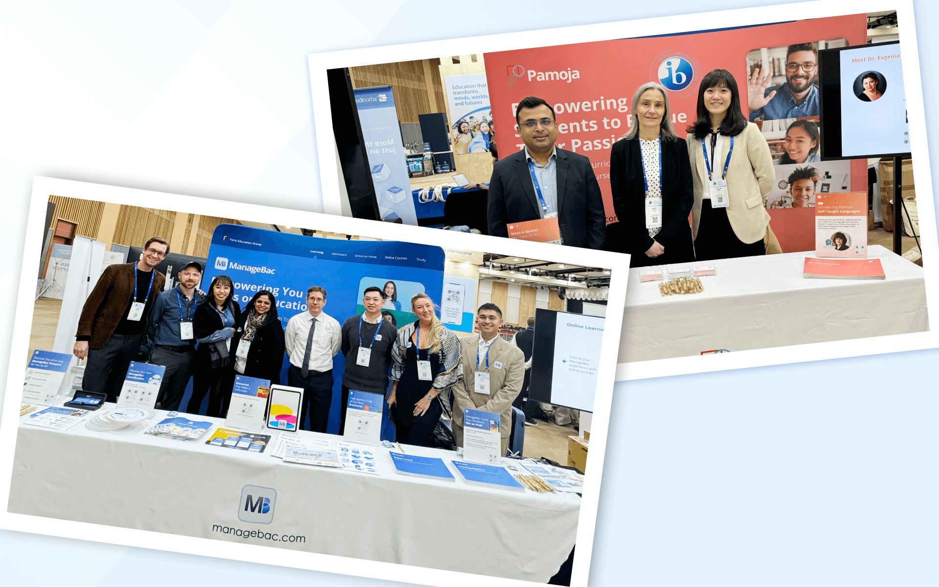Two photographs of teams exhibiting at an education conference. The lower photo shows a large group of the ManageBac team standing behind their white booth table. The upper photo shows the Pamoja team, with three team members standing at their red booth, which features the IB logo.