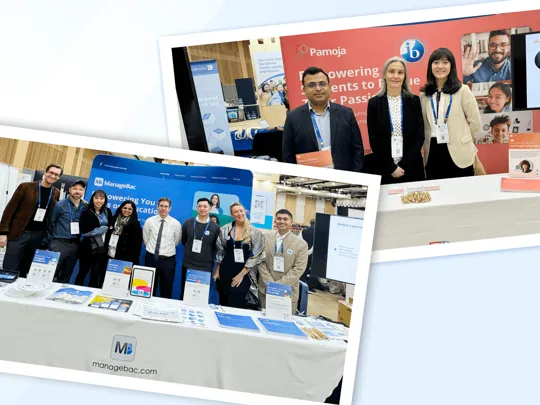 Two photographs of teams exhibiting at an education conference. The lower photo shows a large group of the ManageBac team standing behind their white booth table. The upper photo shows the Pamoja team, with three team members standing at their red booth, which features the IB logo.