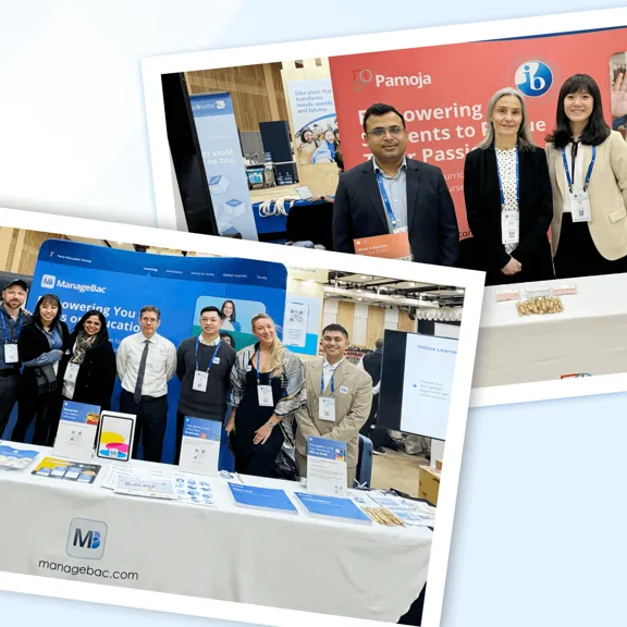 Two photographs of teams exhibiting at an education conference. The lower photo shows a large group of the ManageBac team standing behind their white booth table. The upper photo shows the Pamoja team, with three team members standing at their red booth, which features the IB logo.
