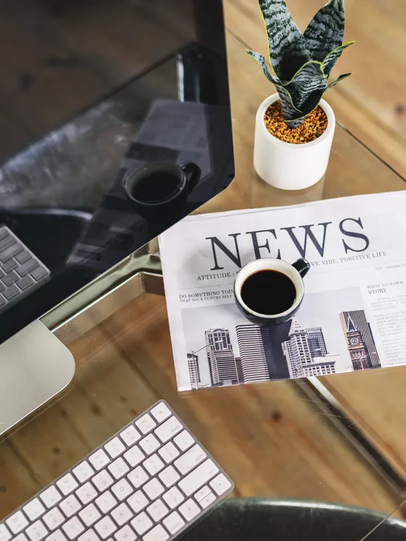 A flat lay image of a newspaper open to the headline