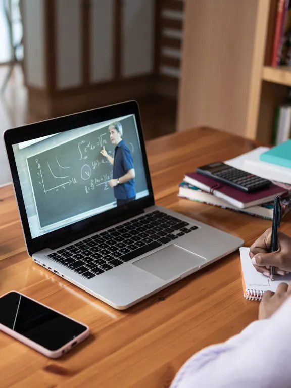 A student in front of a laptop, watching a teacher deliver a lesson in front of a classroom chalkboard.