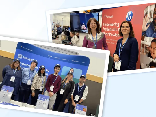 Two photographs of the ManageBac and Pamoja teams at a conference. The foreground photo shows a group of six ManageBac team members standing behind their booth. The background photo shows two female team members at the Pamoja booth, which features the IB logo and a red banner reading
