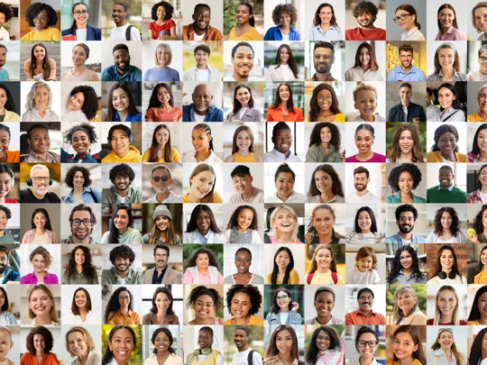 A large collage of many small headshots of diverse people, forming a mosaic, used as a banner for Individuals and Societies or Global Studies.