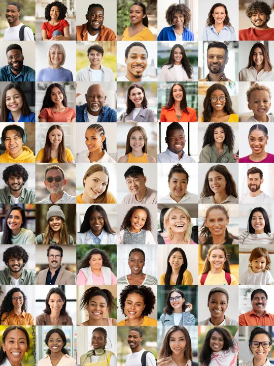 A large collage of many small headshots of diverse people, forming a mosaic, used as a banner for Individuals and Societies or Global Studies.