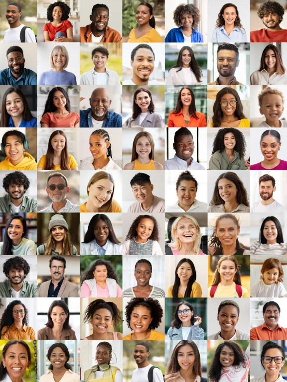 A large collage of many small headshots of diverse people, forming a mosaic, used as a banner for Individuals and Societies or Global Studies.