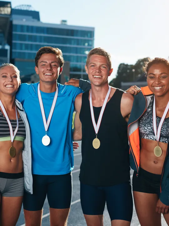 Elite student athletes wearing gold medals on a track after a competition.