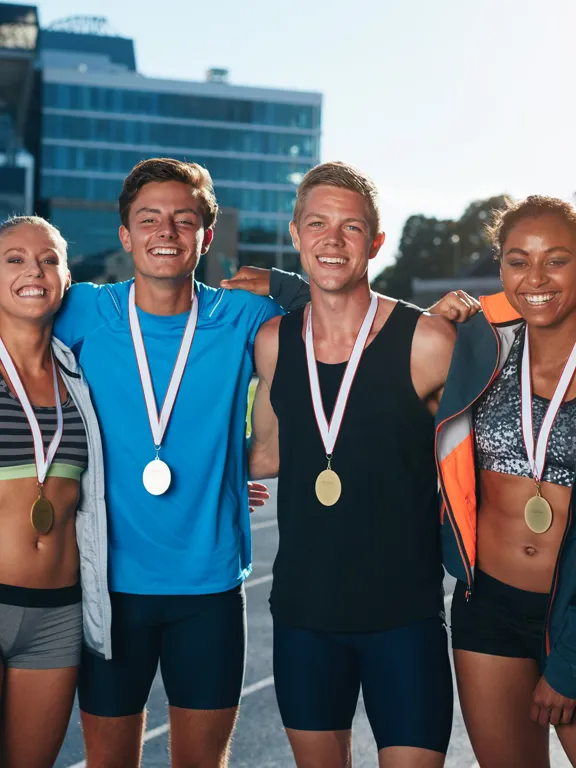Elite student athletes wearing gold medals on a track after a competition.