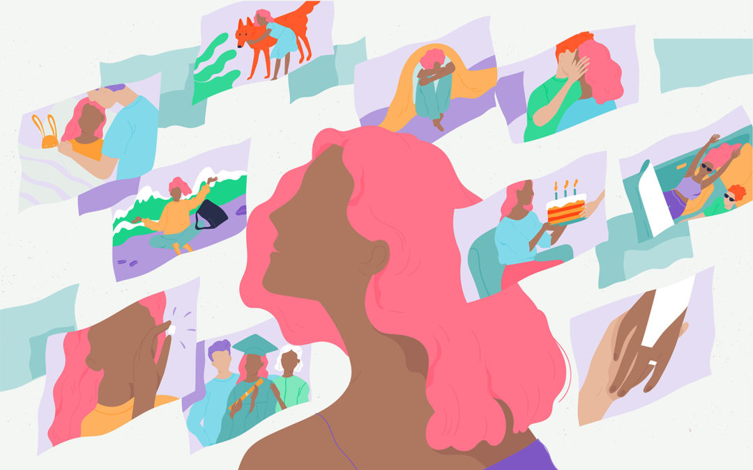 An illustration of a person with pink hair, shown in a side profile. Around the head, there are several floating rectangular panels, each containing a different illustrated scene, representing memories. These scenes include a couple, a person with a pet, a person hiking, a graduation, a birthday celebration, and a person holding their head in their hands.