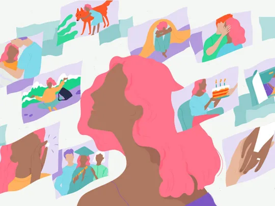 An illustration of a person with pink hair, shown in a side profile. Around the head, there are several floating rectangular panels, each containing a different illustrated scene, representing memories. These scenes include a couple, a person with a pet, a person hiking, a graduation, a birthday celebration, and a person holding their head in their hands.