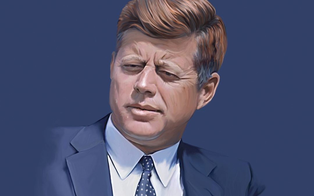 A digitally-painted portrait of John F. Kennedy, the 35th U.S. President. The portrait shows Kennedy wearing a suit and tie, looking slightly down and to the side with a serious expression.