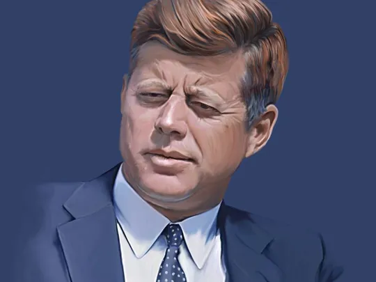 A digitally-painted portrait of John F. Kennedy, the 35th U.S. President. The portrait shows Kennedy wearing a suit and tie, looking slightly down and to the side with a serious expression.