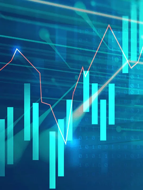 An abstract digital image shows financial graphs and bar charts in shades of blue and turquoise, with lines of code in the background, representing business management and data analysis.