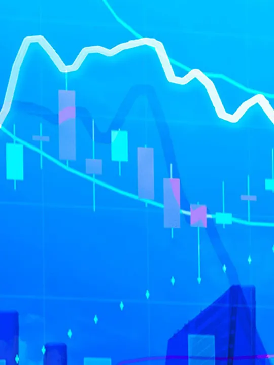 An abstract digital image with various blue-toned financial graphs and charts overlaid on a blurry background of city buildings. The image represents economic data and financial analysis.