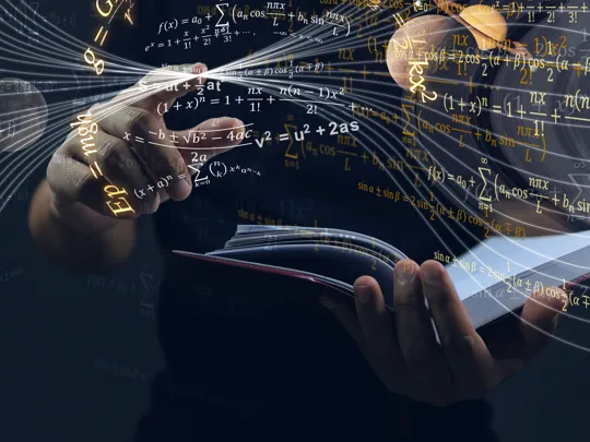 A person reading a book with graphic overlays of different mathematic symbols and equations.