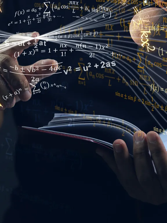 A person reading a book with graphic overlays of different mathematic symbols and equations.